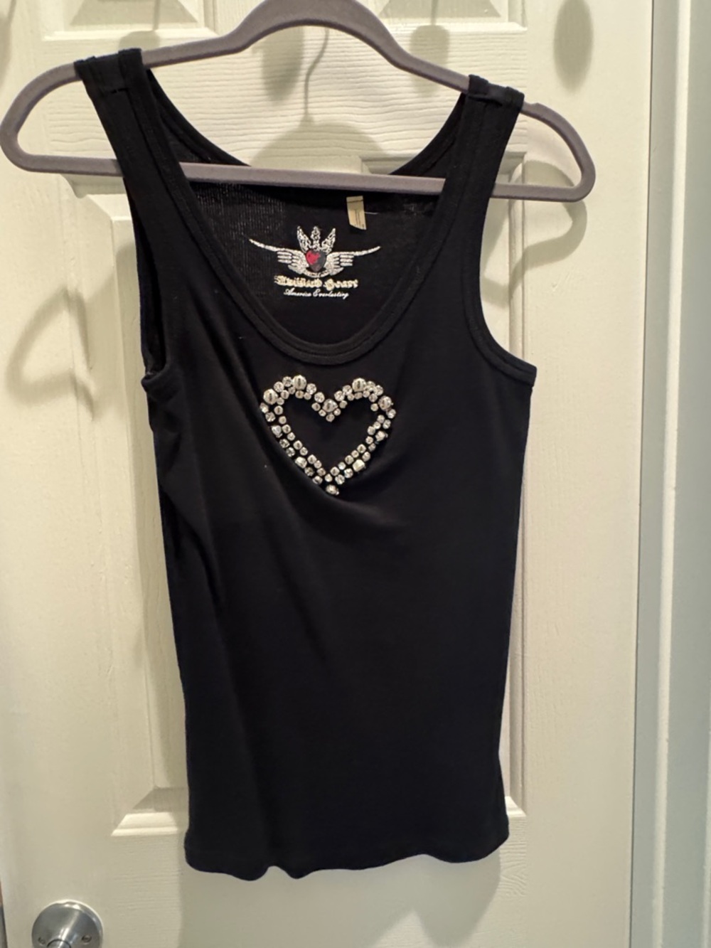 TWISTED HEART Black Tank with Rhinestone Heart Accent